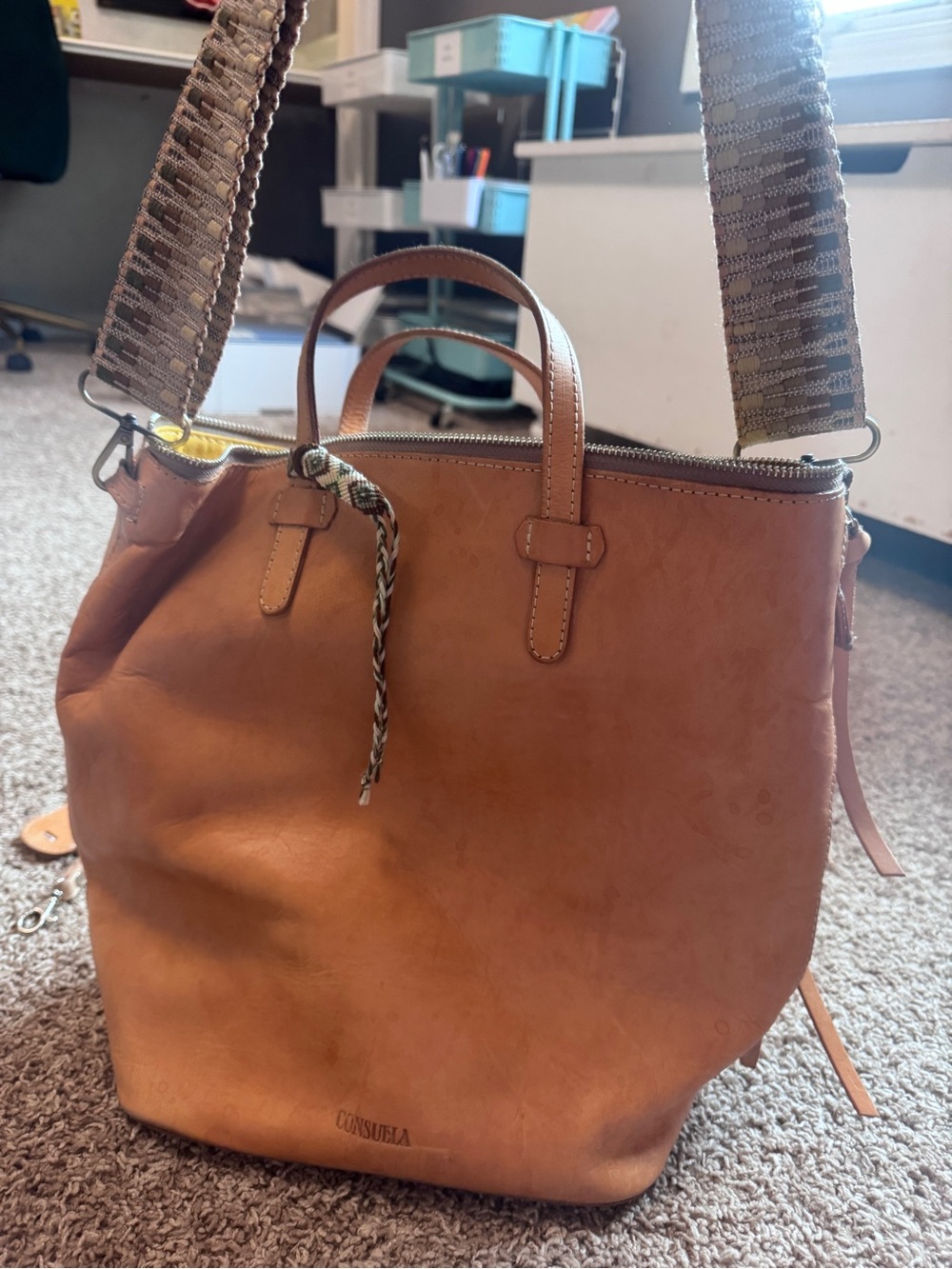 Consuela Cognac Leather Shoulder Tote with Patterned Strap